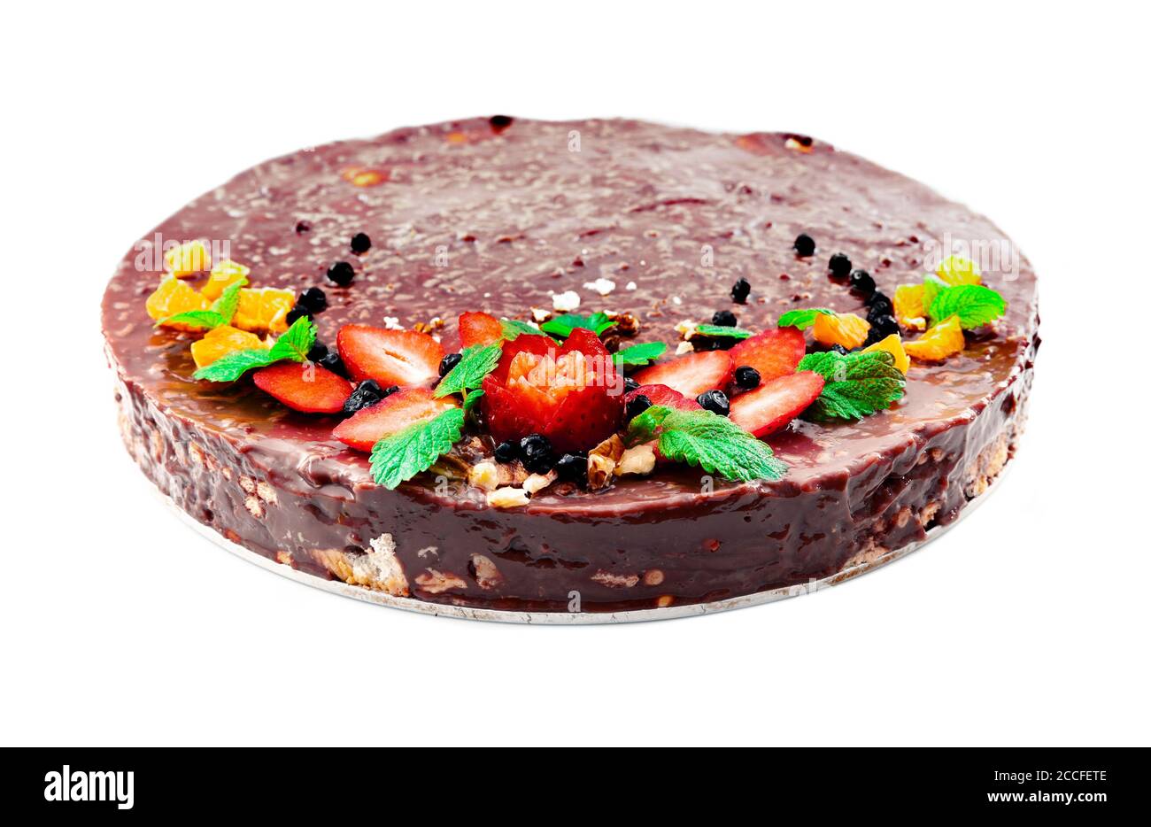Hausgemachte Schokoladenkuchen mit Früchten Stockfoto