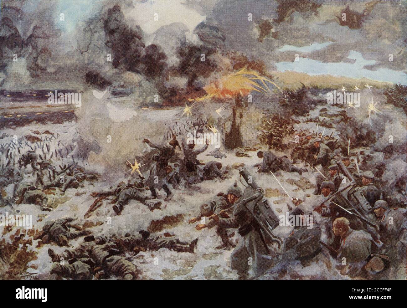 Halbton der französischen Infanterie, die die Deutschen in Verdun während des Ersten Weltkriegs zurücktrieb. Aus der Geschichte des Großen Krieges. Stockfoto