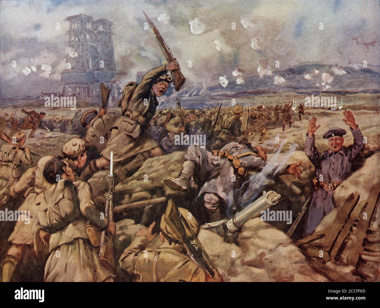 Halbton der schottischen Regimenter Ladung bei der Schlacht von Loos in Frankreich im Ersten Weltkrieg. Stockfoto