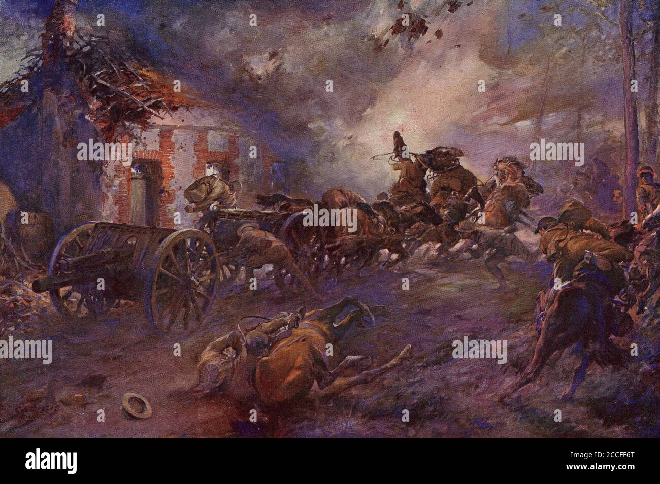 Halbton der britischen Artillerie in Aktion unter Beschuss im Ersten Weltkrieg. Stockfoto