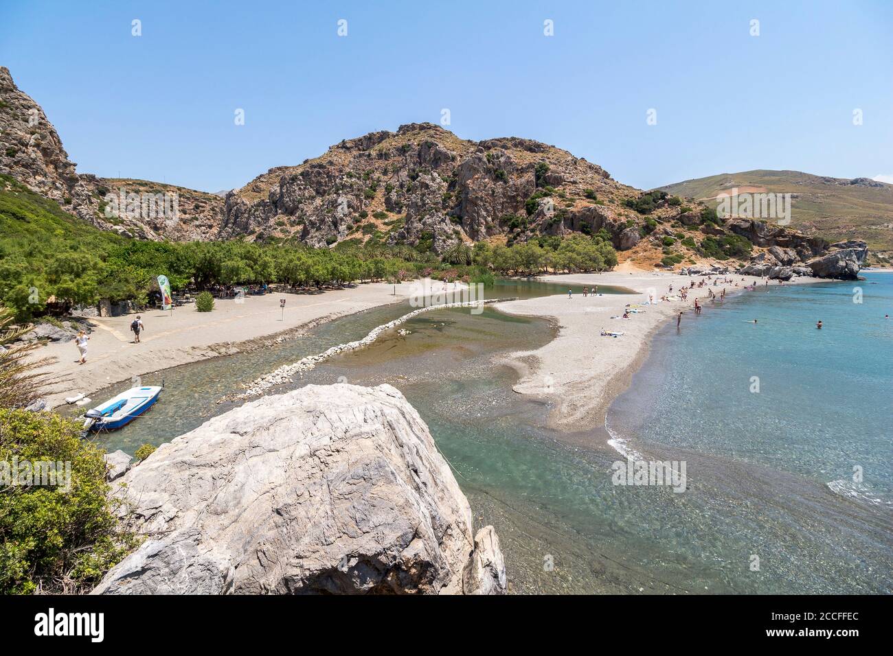 Blick über den Palmenstrand von Preveli im Sommer, Zentral Kreta, Griechenland Stockfoto