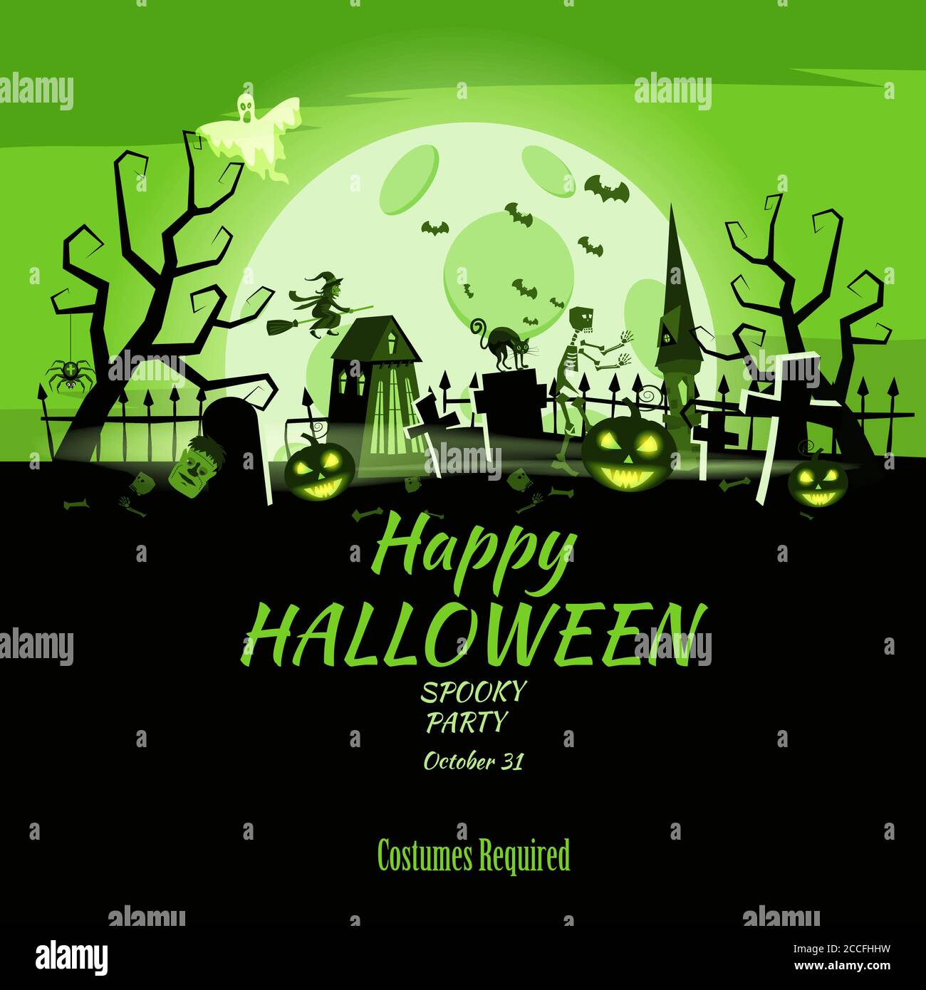 Poster Happy Halloween Urlaub Kürbis, Friedhof, schwarz verlassene Burg, Attribute des Feiertags Allerheiligen, Geist, Spinne, schwarze Katze, eine Hexe Stock Vektor