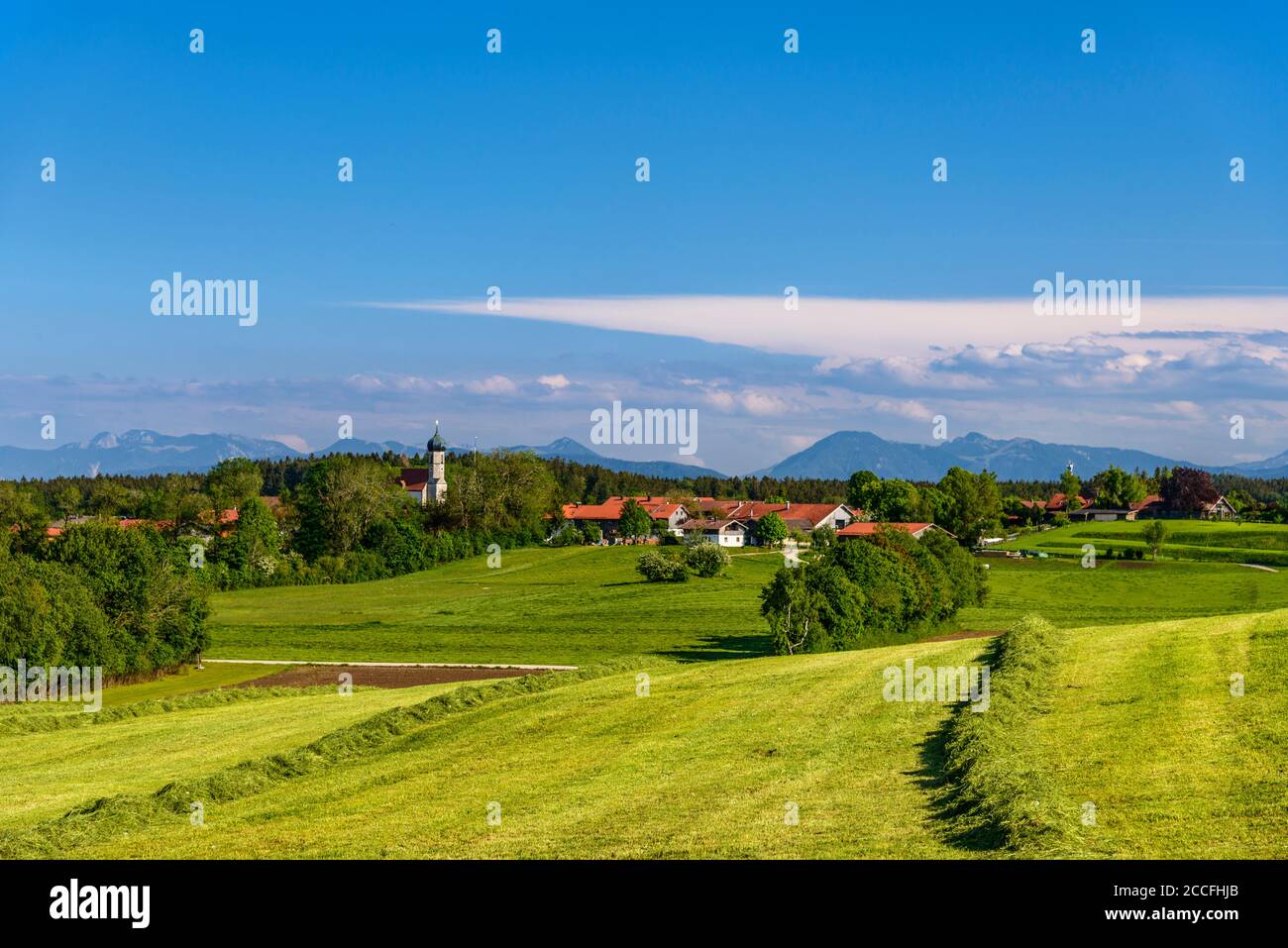 Deutschland, Bayern, Oberbayern, Tölzer Land, Dietramszell, Kreis Lochen, Frühlingslandschaft und Stadtansicht mit Kirche St. Magdalena gegen Preal Stockfoto