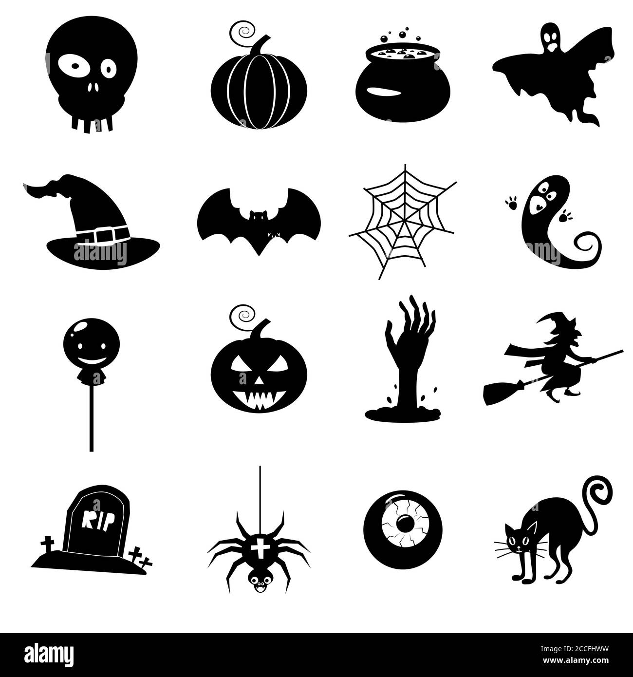 Icon Set Helloween- Hexenhut Vektor, Sensenmann, gruseliges Gesicht, Kürbis, Geist, Monster, Vampir, Herrenhaus, Burg Hexe Web-Topf Fledermaus Spinne Katze Stock Vektor