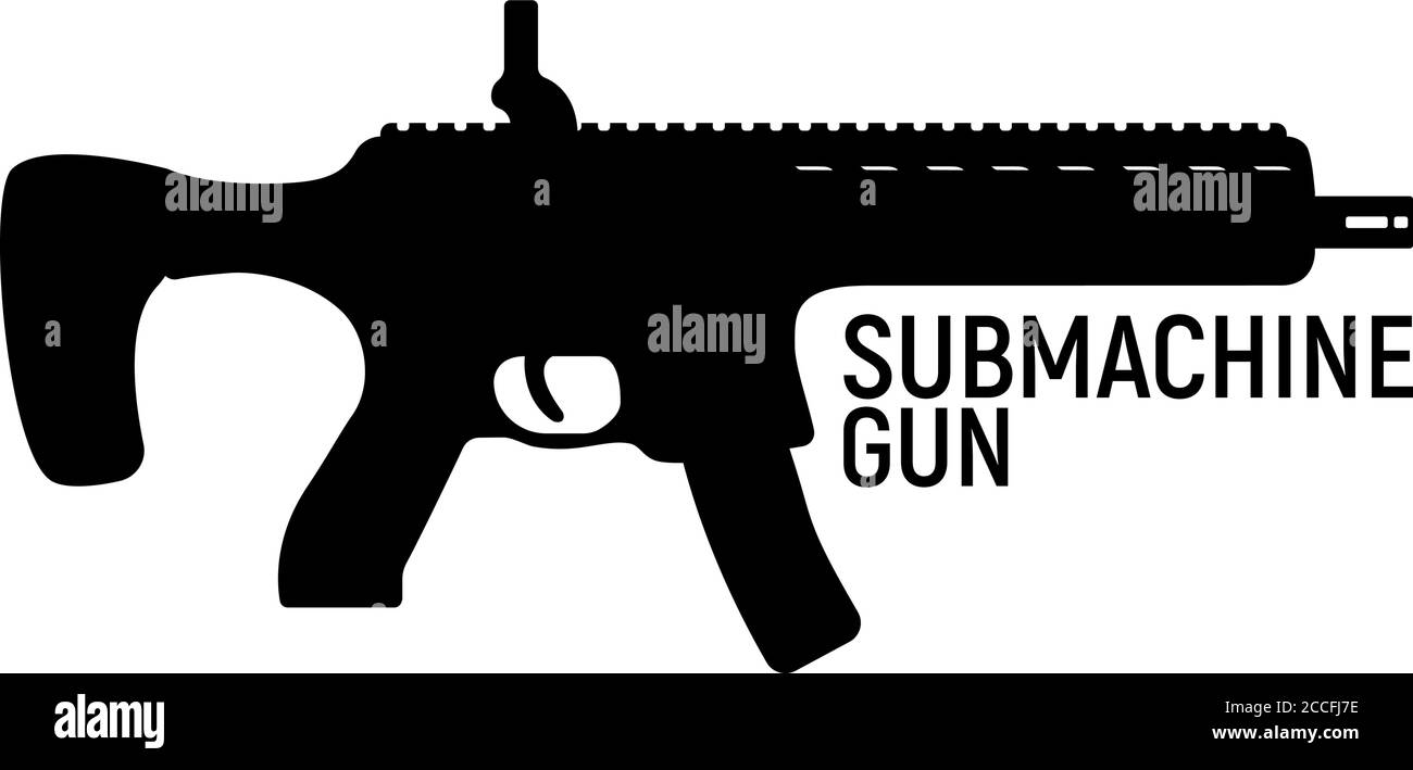 Untermaschine Silhouette Militär Pistole, Symbol Selbstverteidigung automatische Waffe Konzept einfache schwarze Vektor-Illustration, isoliert auf weiß. Schießgewehr, PR Stock Vektor