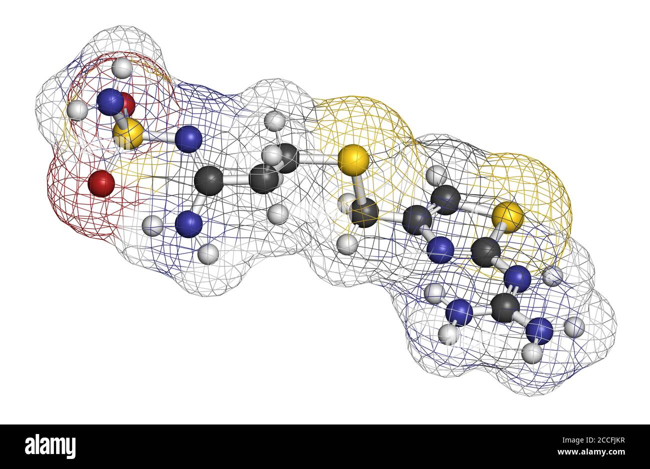 Famotidin-Molekül. 3D-Rendering. Atome werden als Kugeln mit herkömmlicher Farbkodierung dargestellt: Wasserstoff (weiß), Kohlenstoff (grau), Stickstoff (BL Stockfoto