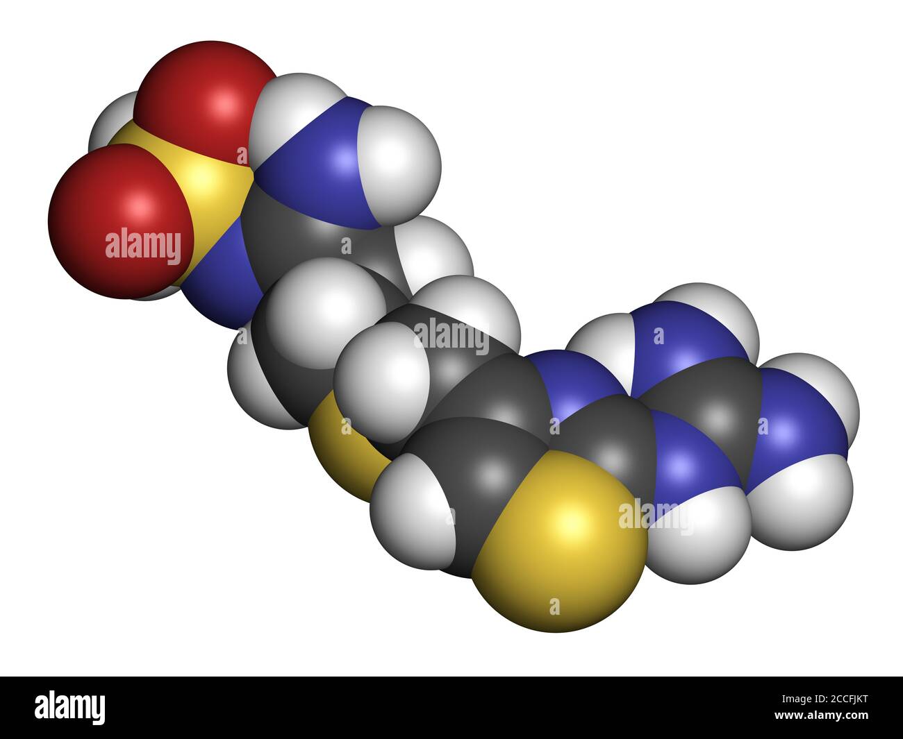 Famotidin-Molekül. 3D-Rendering. Atome werden als Kugeln mit herkömmlicher Farbkodierung dargestellt: Wasserstoff (weiß), Kohlenstoff (grau), Stickstoff (BL Stockfoto