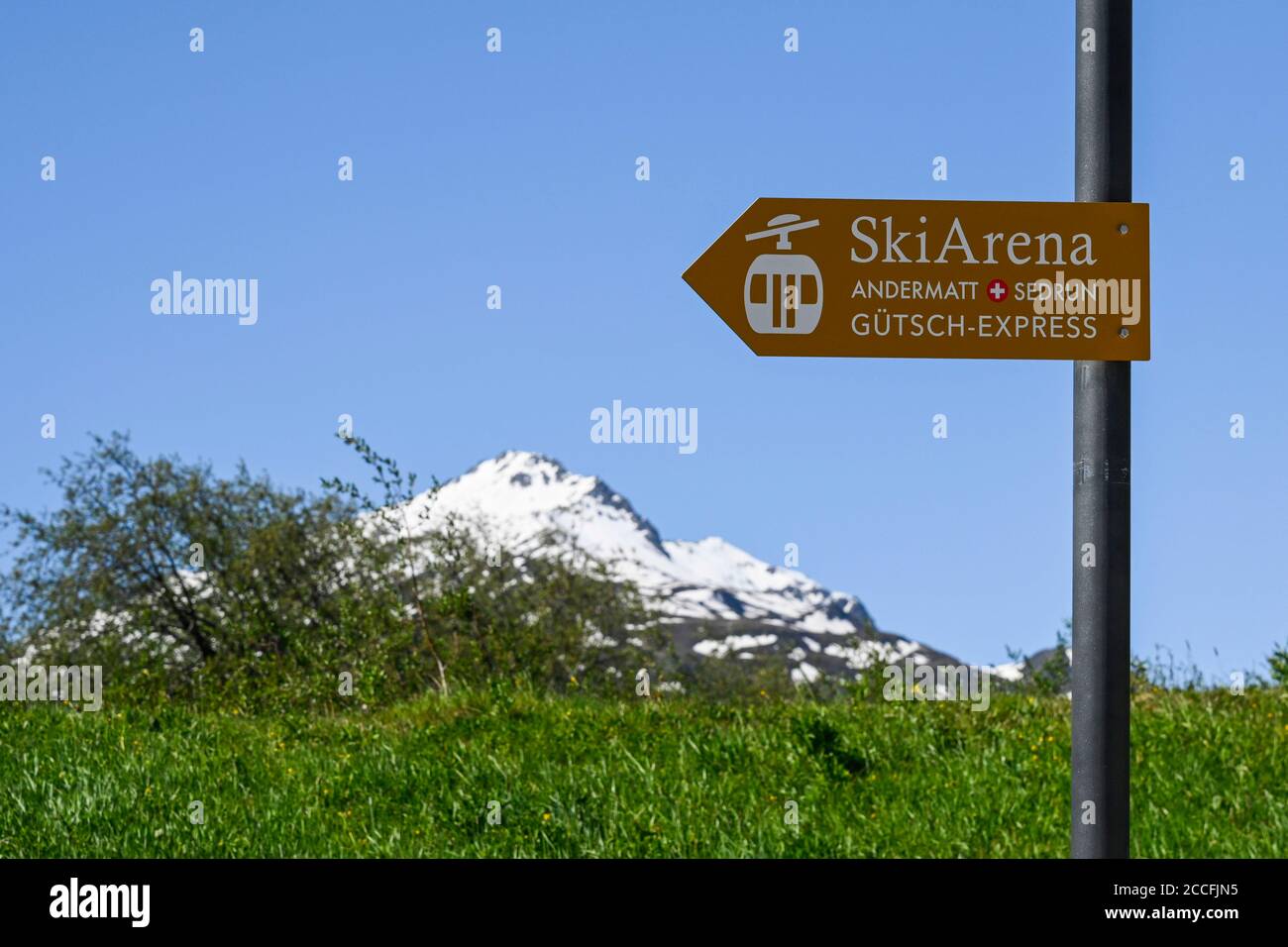 Wegweiser Ski Arena Andermatt, Sedrun, Gütsch Express, Schweiz Stockfoto