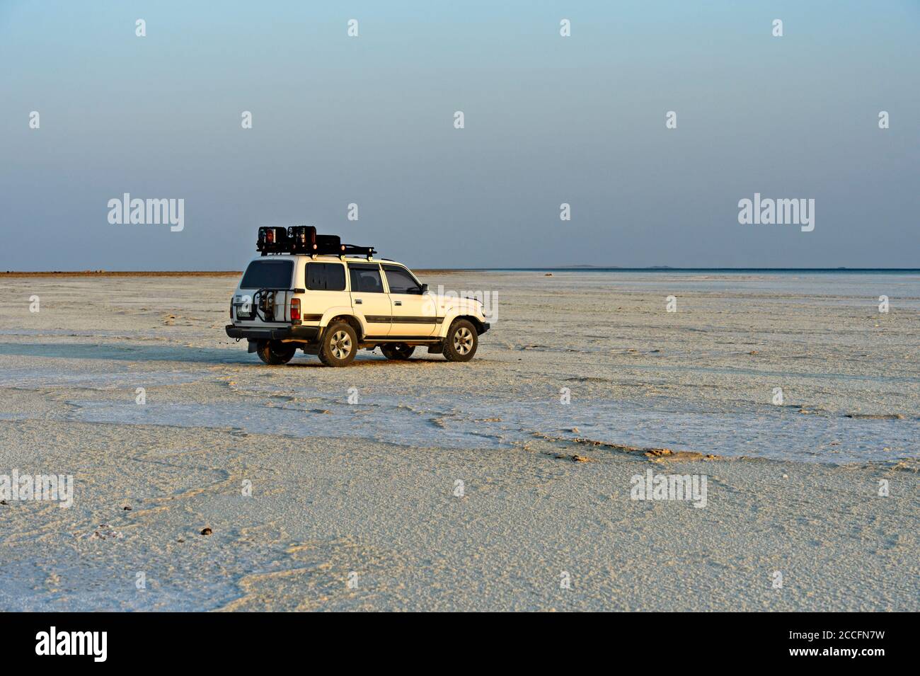 4x4 Fahrzeug eines lokalen Tourismus-Unternehmen steht auf der Salzkruste des Assale Salt Lake, Hamedala, Danakil Valley, Afar Region, Äthiopien Stockfoto