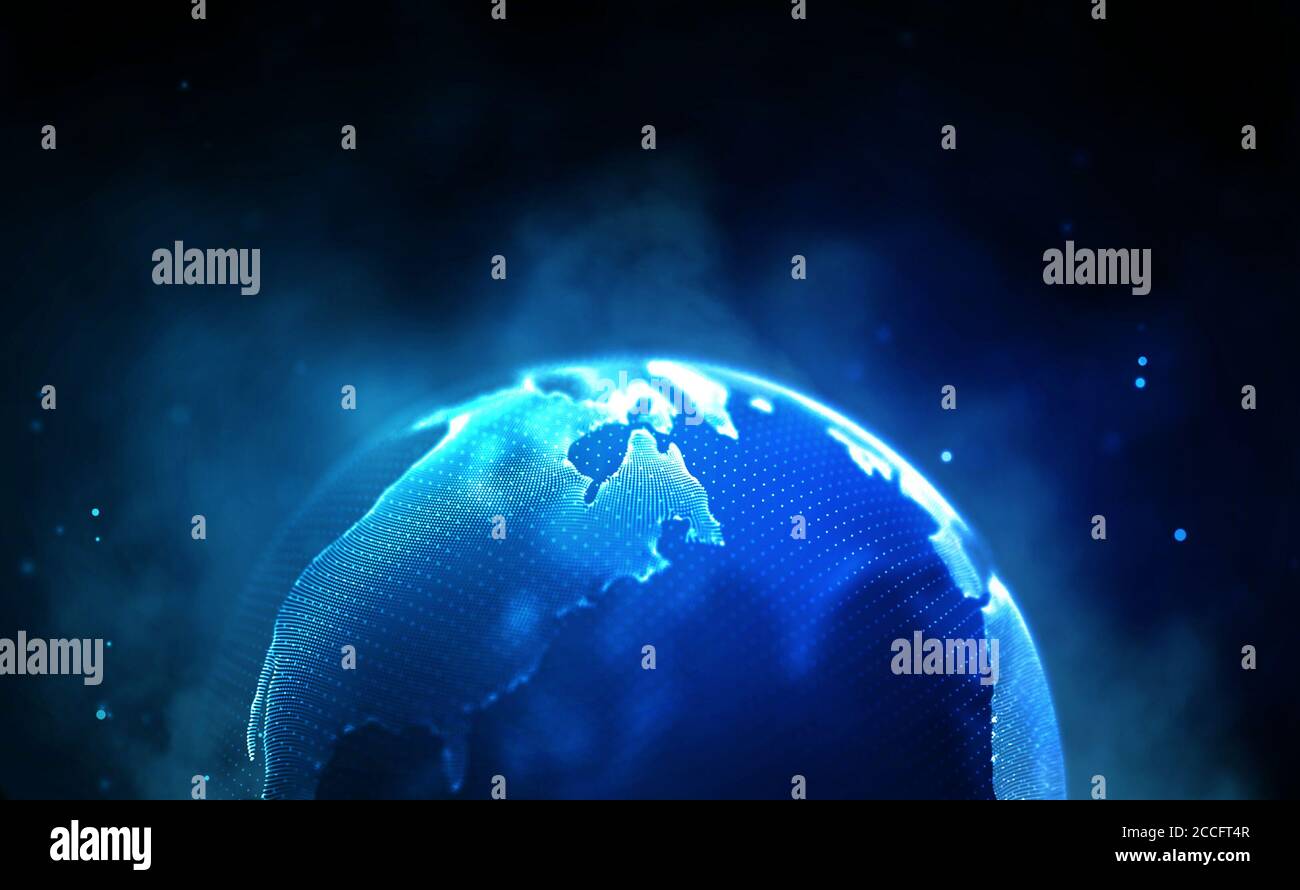 Digitaler Globus 3d. Globale Internet-Technologie. Kommunikationskonzept abstrakter Hintergrund Planet. Blaues Licht Anschlussdesign. Big-Data-Netzwerk Stockfoto