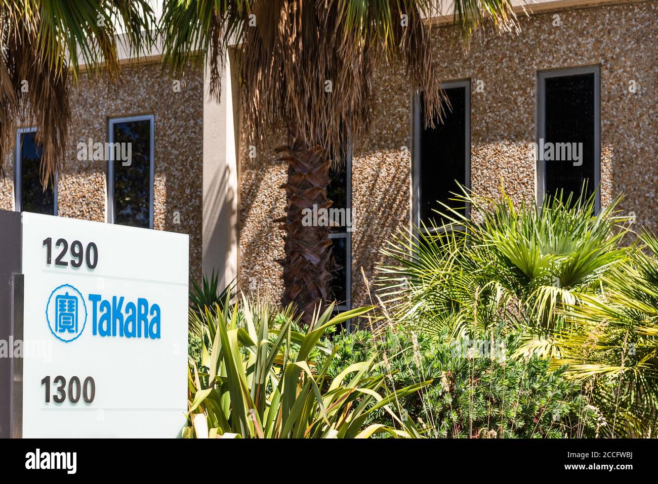 Aug 3, 2020 Mountain View / CA / USA - Takara Hauptsitz im Silicon Valley; Takara Bio USA, Teil des japanischen Konzerns Takara Holdings, ist ein Hersteller Stockfoto