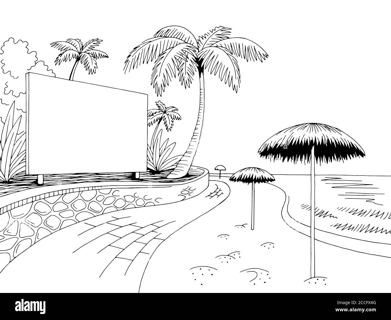 Küste Strand Straße Plakatwand Grafik schwarz weiß Landschaft Skizze Illustrationsvektor Stock Vektor