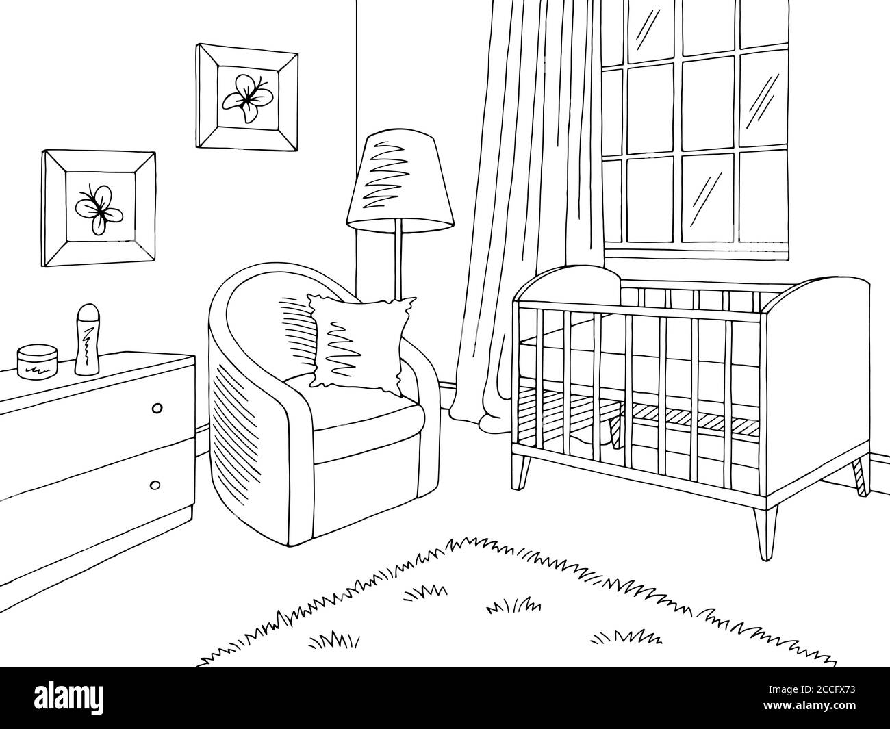 Baby Zimmer Grafik schwarz weiß Haus Interieur Skizze Illustration Vektor Stock Vektor