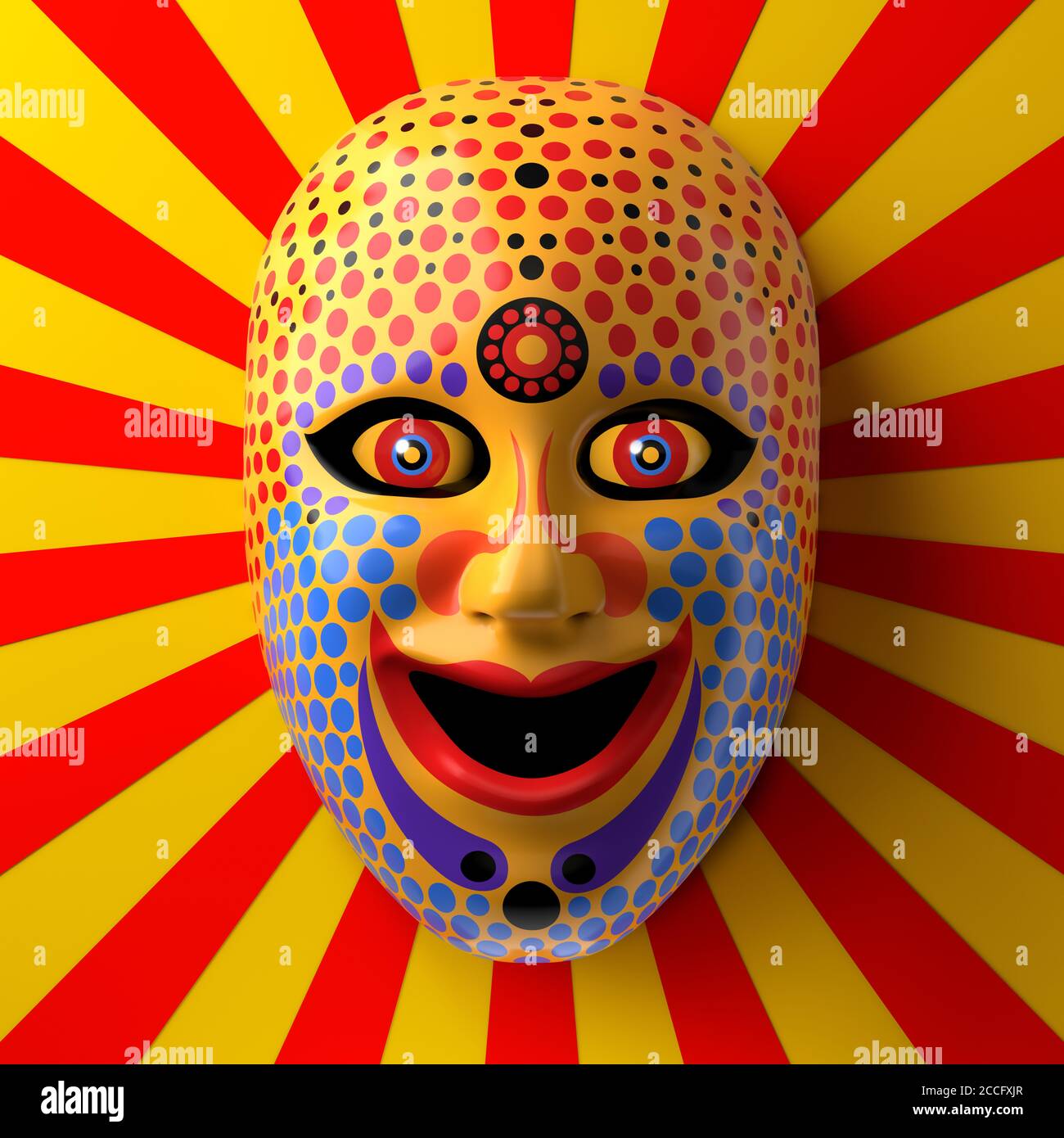 Asiatische Theatermaske mit farbigen Ornamenten und Punkten gegen Rot Und gelbe Strahlen Hintergrund Stockfoto