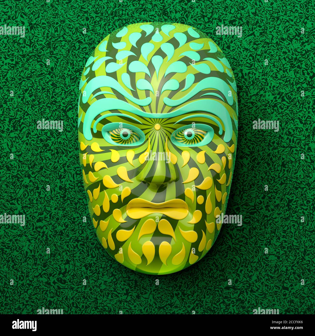 Asiatische Theatermaske mit farbigen Ornamenten in grün gegen ein Dunkelgrüner marmorter Hintergrund Stockfoto