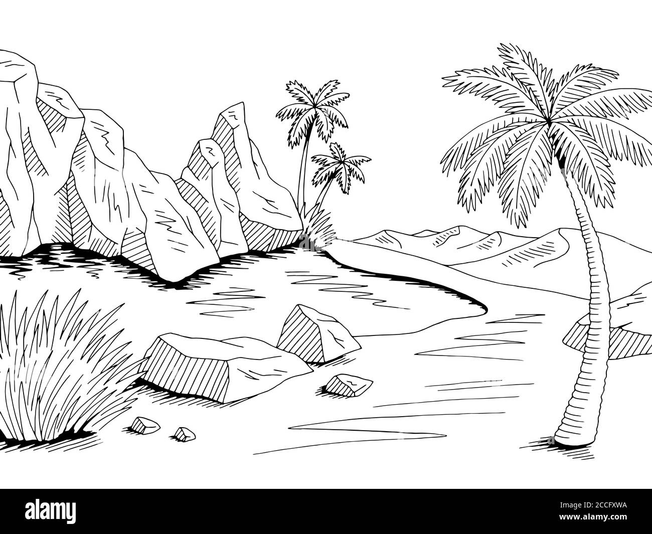 Oase Wüste Grafik schwarz weiß Landschaft Illustration Vektor Stock Vektor