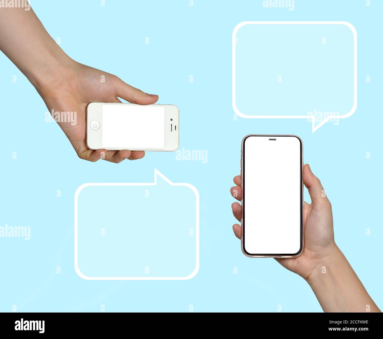 Telefon. Frau und Mann Hände hält die Smartphones weißen Hintergrund. Veraltetes Modell und moderne rahmenlose Design-Smartphones Stockfoto