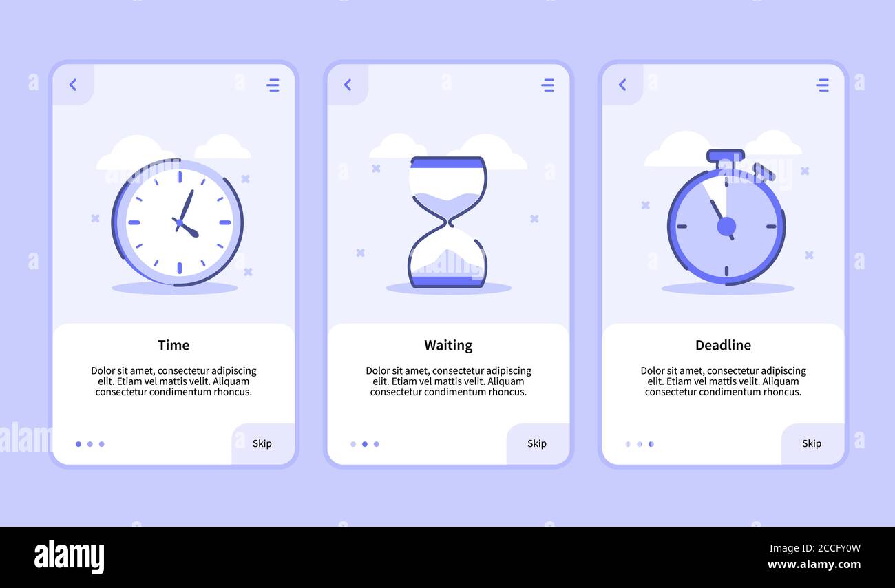 Bildschirm mit Zeitwartfrist für das Onboarding von Vorlagen für mobile Apps Page UI mit drei Varianten moderner flacher Outline-Stil Stock Vektor