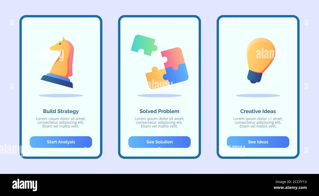 Build-Strategie gelöst Problem kreative Ideen für mobile Apps Vorlage Bannerseite UI mit drei Variationen moderner flacher Farbstil Stock Vektor