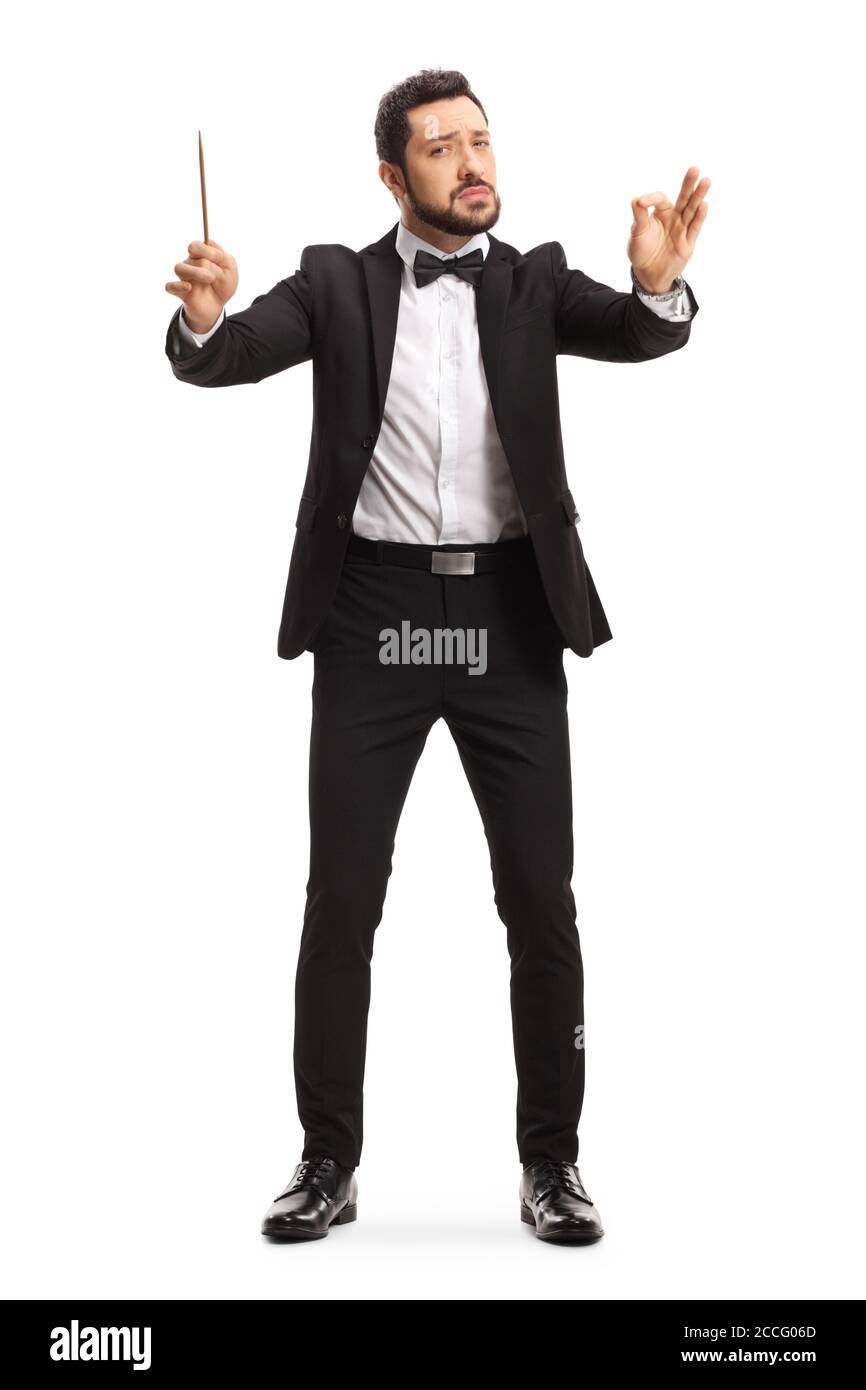 Porträt eines männlichen Dirigenten, der ein Musical dirigiert Leistung auf weißem Hintergrund isoliert Stockfoto