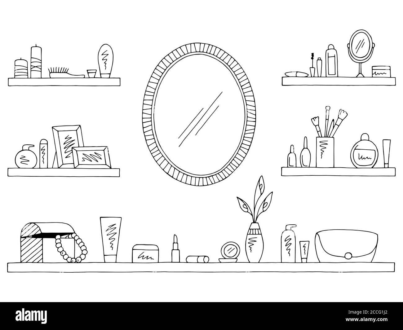 Regale Set Grafik schwarz weiß isoliert Skizze Kosmetik Illustration Vektor Stock Vektor