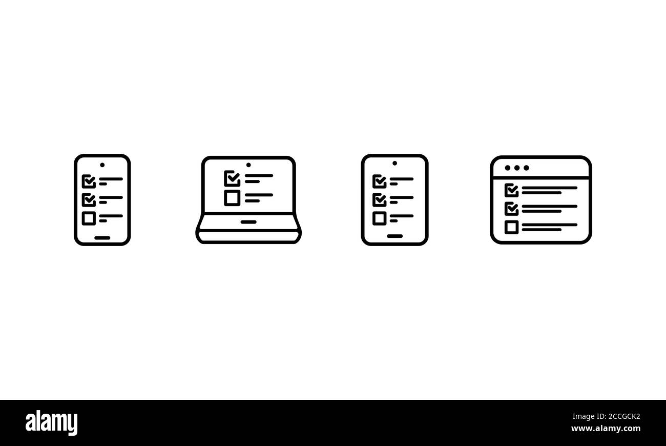 Checkliste auf Gadget Icon Set. Ereignis-Erinnerung. Umfrage. Mobiler Computer. Vektor auf isoliertem weißem Hintergrund. EPS 10. Stock Vektor