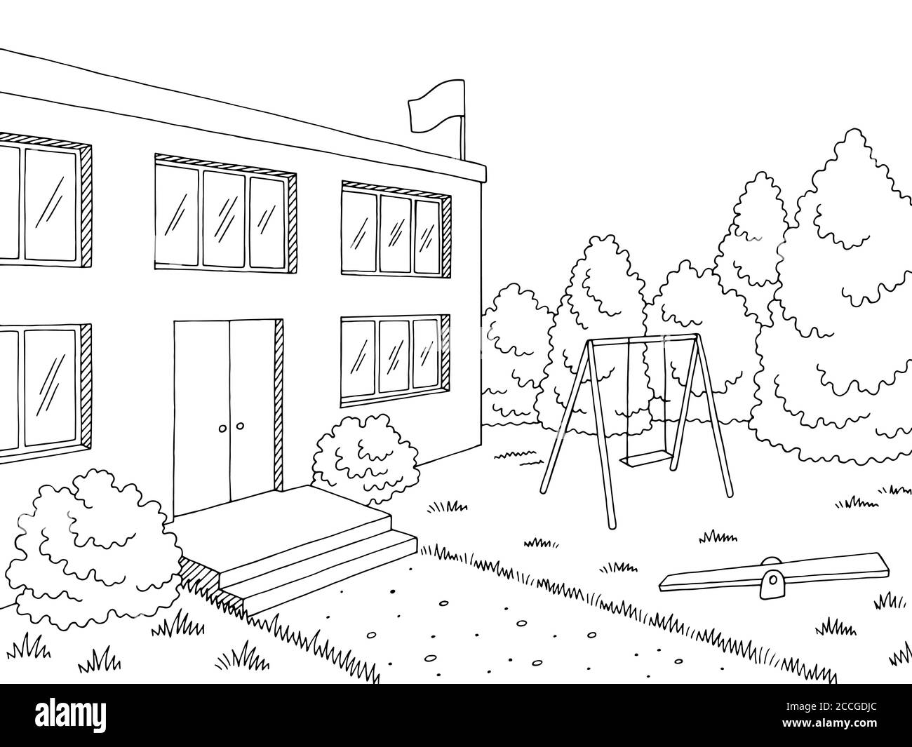 Vorschulgebäude äußere Grafik schwarz weiß Skizze Illustration Vektor Stock Vektor