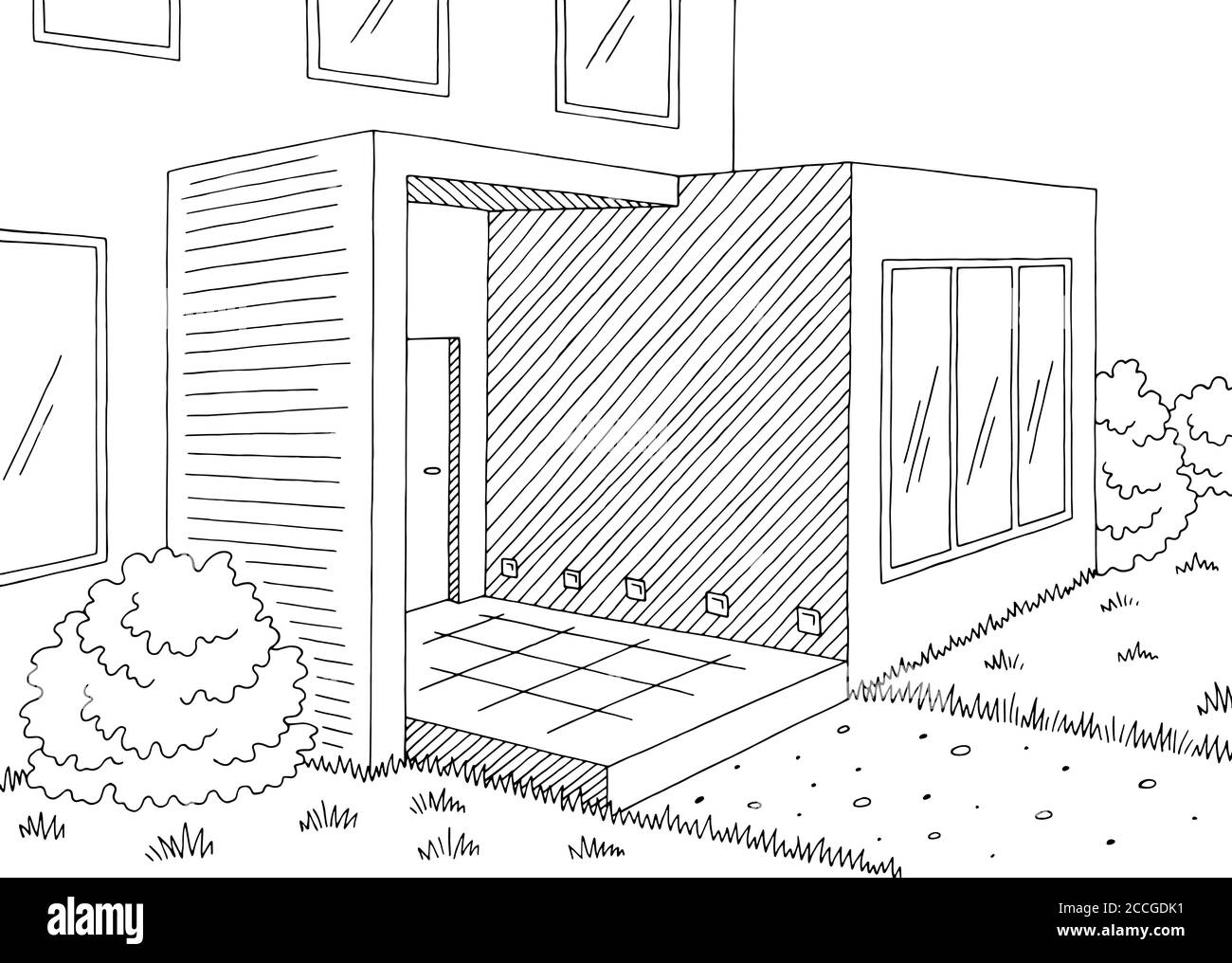 Haus außen Grafik schwarz weiß Skizze Illustration Vektor Stock Vektor
