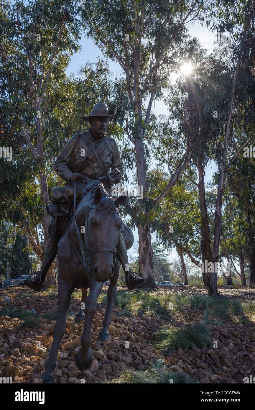 Eine lebensgroße Bronzestatue eines berittenen australischen Soldaten, der am australischen Kriegerdenkmal Canberra einen Hügel zu Pferd auflädt. Stockfoto