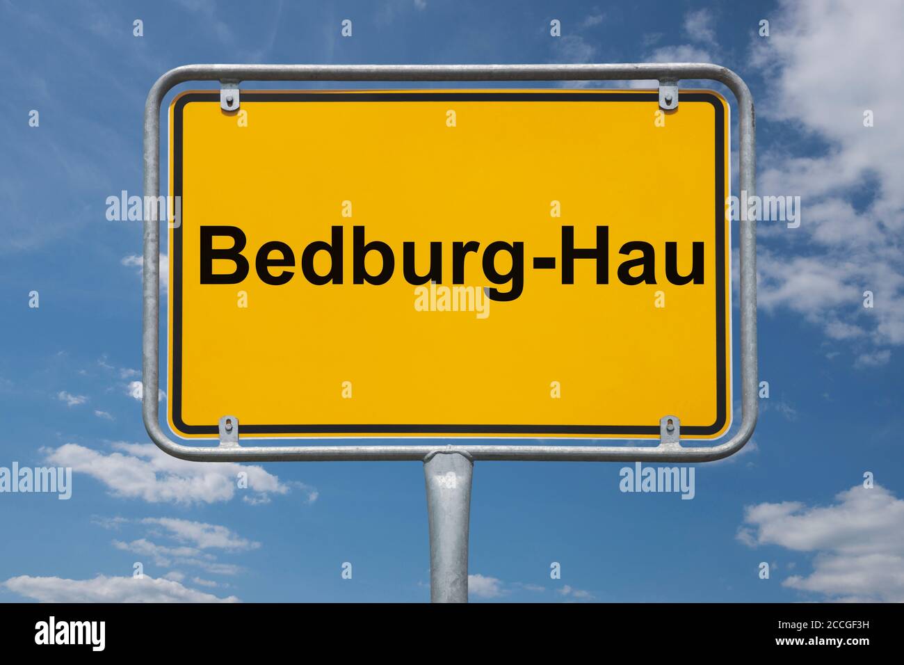 Ortstafel Bedburg-Hau, Nordrhein-Westfalen, Deutschland Ortsschild Bedburg-Hau, Nordrhein-Westfalen, Deutschland, Europa Stockfoto