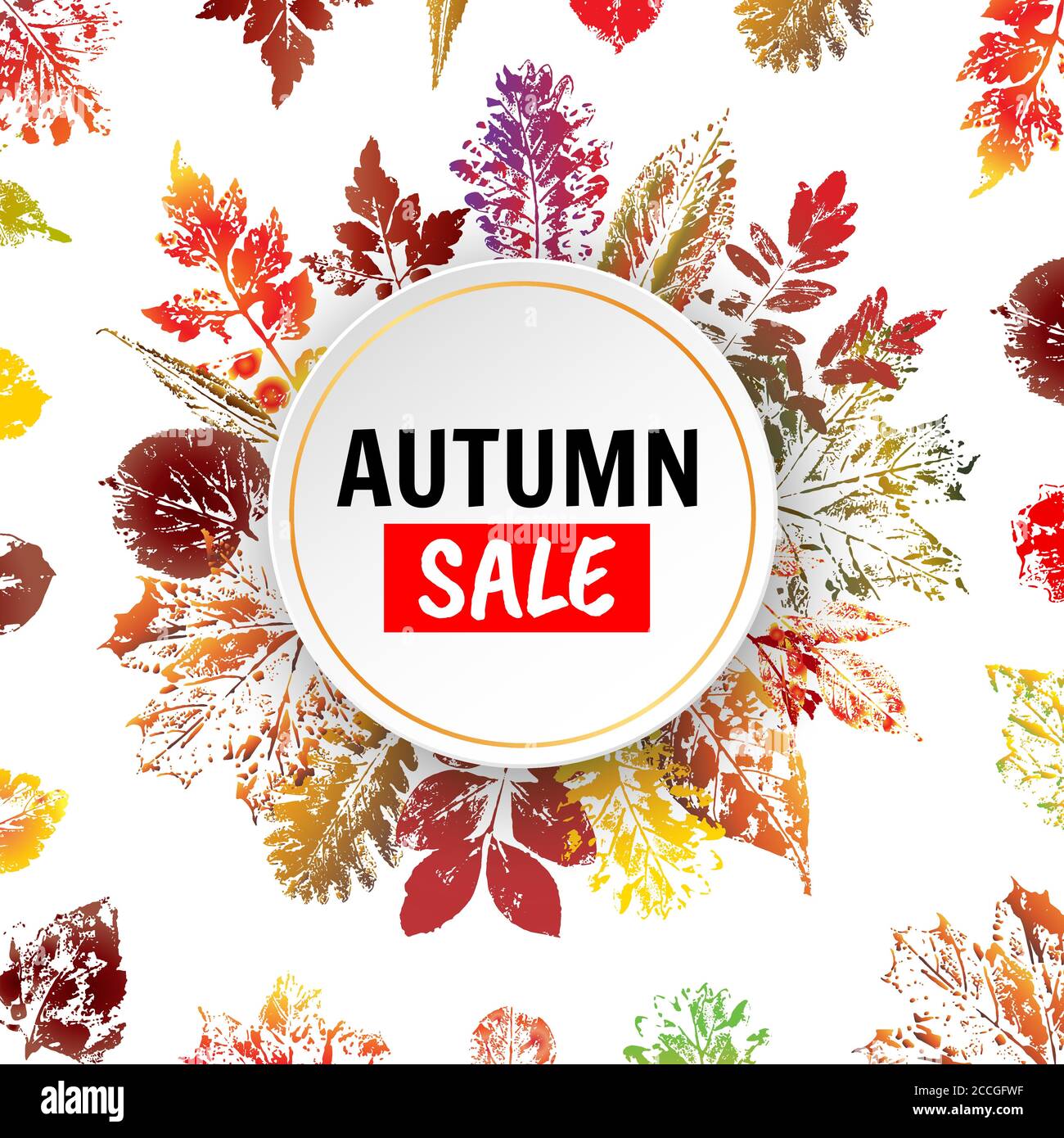 Herbst Verkauf Hintergrund mit bunten Blättern Abdrücke. Vektorgrafik Stock Vektor