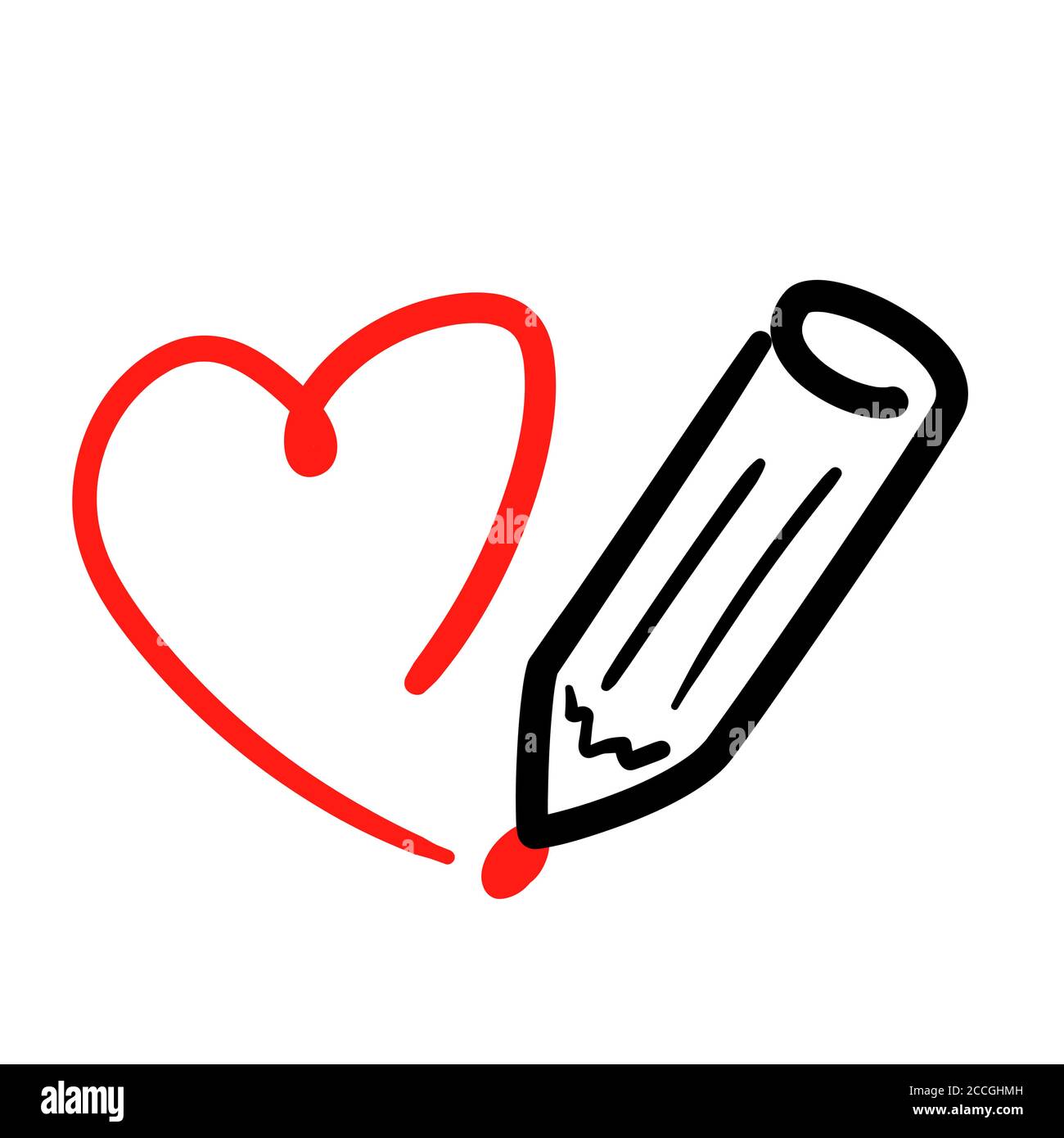 Überprüfungssymbol in handgezeichneter Form auf weißem Hintergrund. Vintage Skizze Illustration mit Bleistift und bemalten roten Herzen. Feedback Web schreiben Vektor Linie Logo. Umreißen Sie das runde Symbol für Hervorhebungen. Stock Vektor