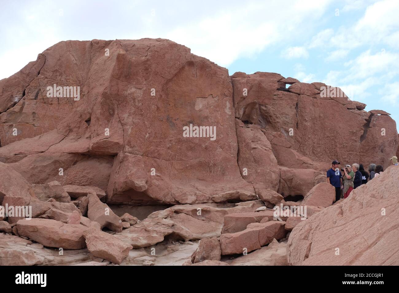 Petroglyphen von Tieren, Vögeln und Menschen, die von präkolumbianischen Völkern in den Pazifik in einen Felsvorsprung im chilenischen Atacama gegrast wurden. Stockfoto