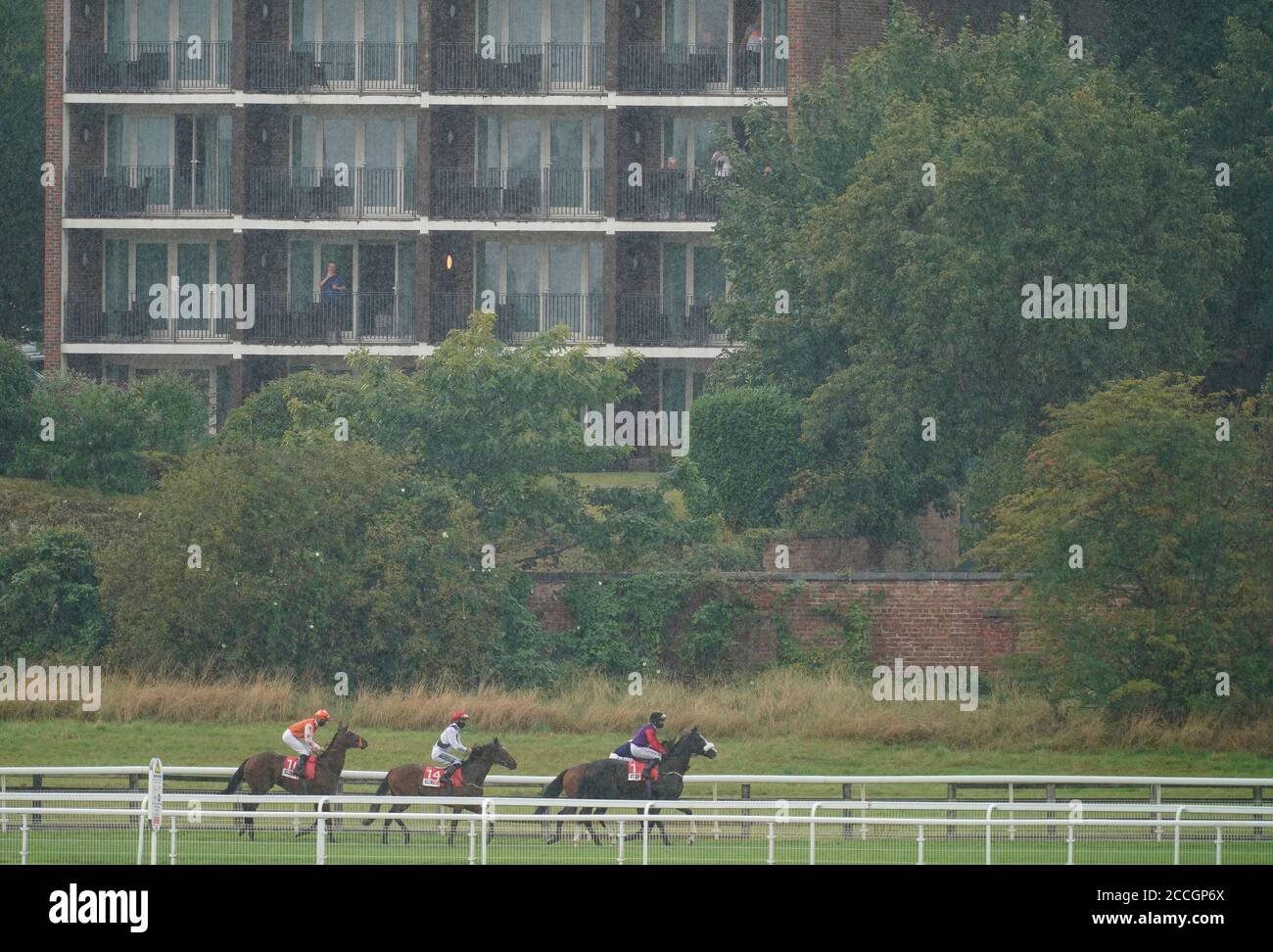 Eine allgemeine Ansicht, wie Läufer ihren Weg zum Start für die Sky Bet Melrose Handicap während Tag vier des Yorkshire Ebor Festival auf der York Racecourse machen. Stockfoto