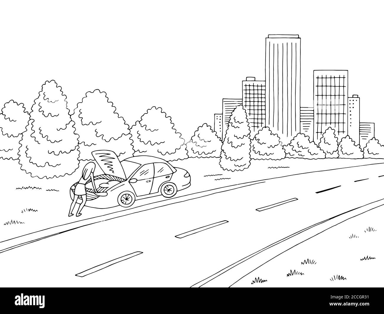Gebrochene Auto Grafik schwarz weiß Straße Landschaft Stadt Skizze Illustration Vektor. Frau steht Stock Vektor