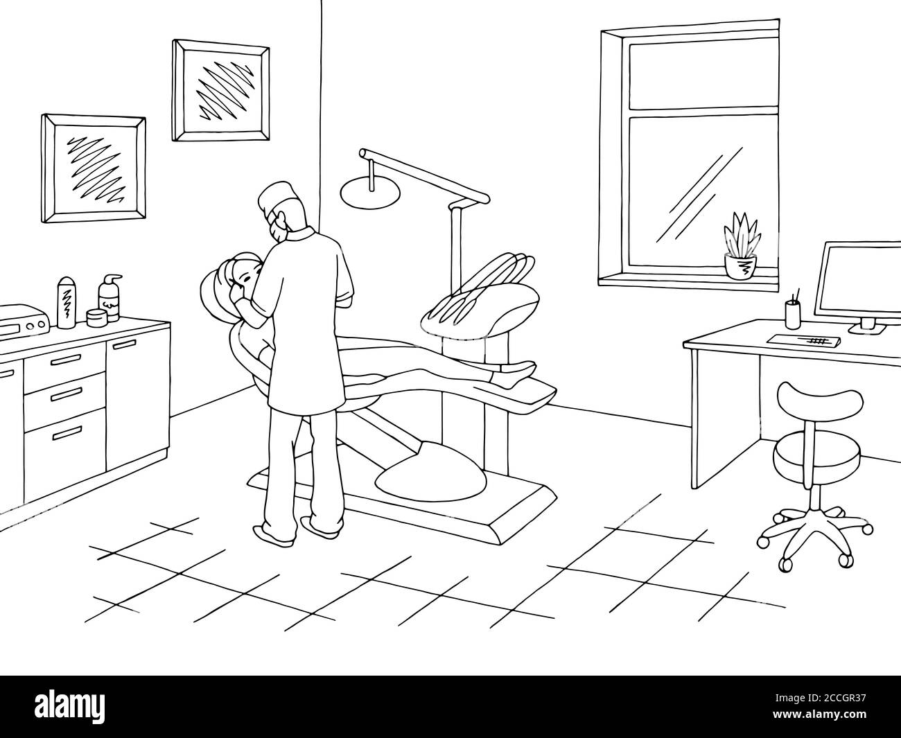 Zahnarzt Büro Klinik Grafik schwarz weiß Skizze Illustration Vektor. Arzt bei der Arbeit Stock Vektor