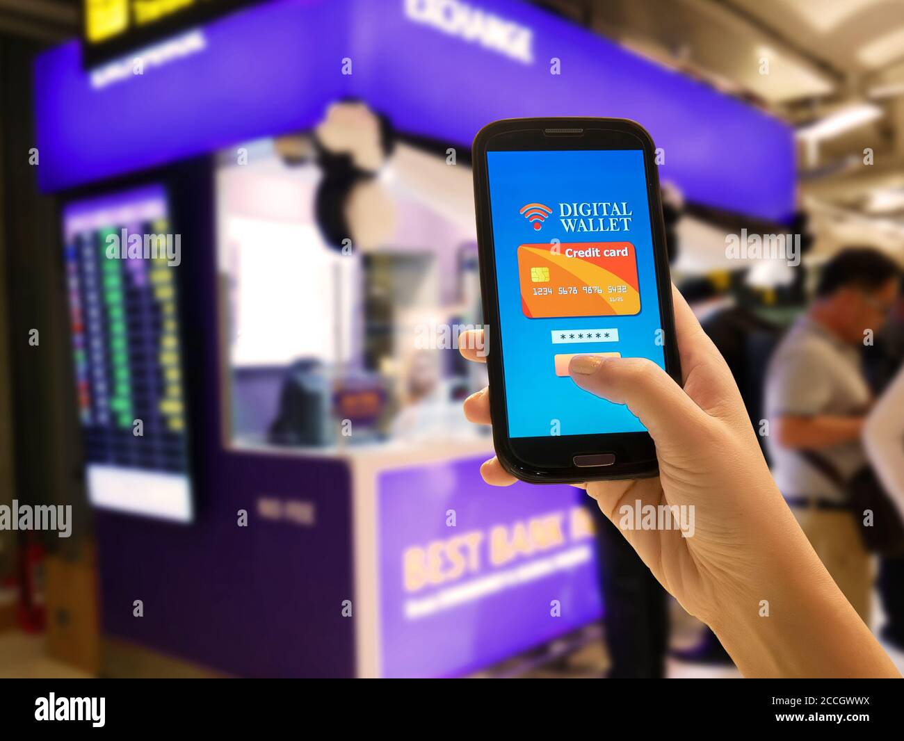 ECommerce , Smart Pay, Business und Technologie-Konzept.Digitale Wallet-Anwendung auf dem Handy für Waren und Dienstleistungen bequem zu bezahlen Stockfoto