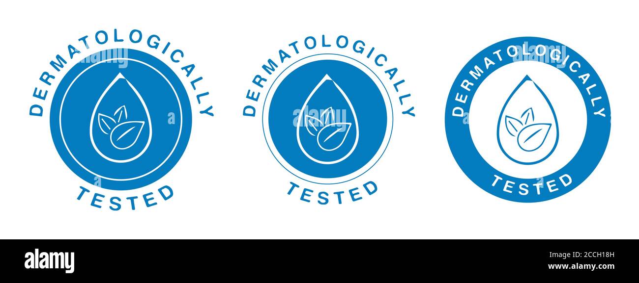 Dermatologisch getestete Vektor-Label est und Dermatologe klinisch bewährte Icon Für allergiefreie und gesunde sichere Produkt-Paket-Tag Stock Vektor