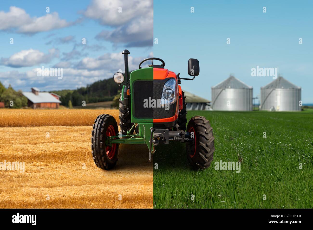 Ein halber alter Traktor und ein halber neuer moderner Traktor. Entwicklung landwirtschaftlicher Maschinen Stockfoto