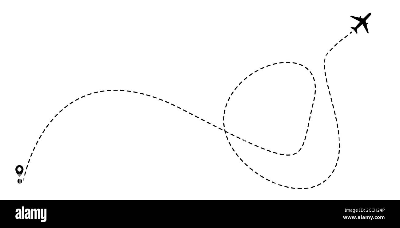 Vektor-Symbol für den Pfad der Fluglinie des Flugzeugs mit Startpunkt und Strichlinie Stock Vektor
