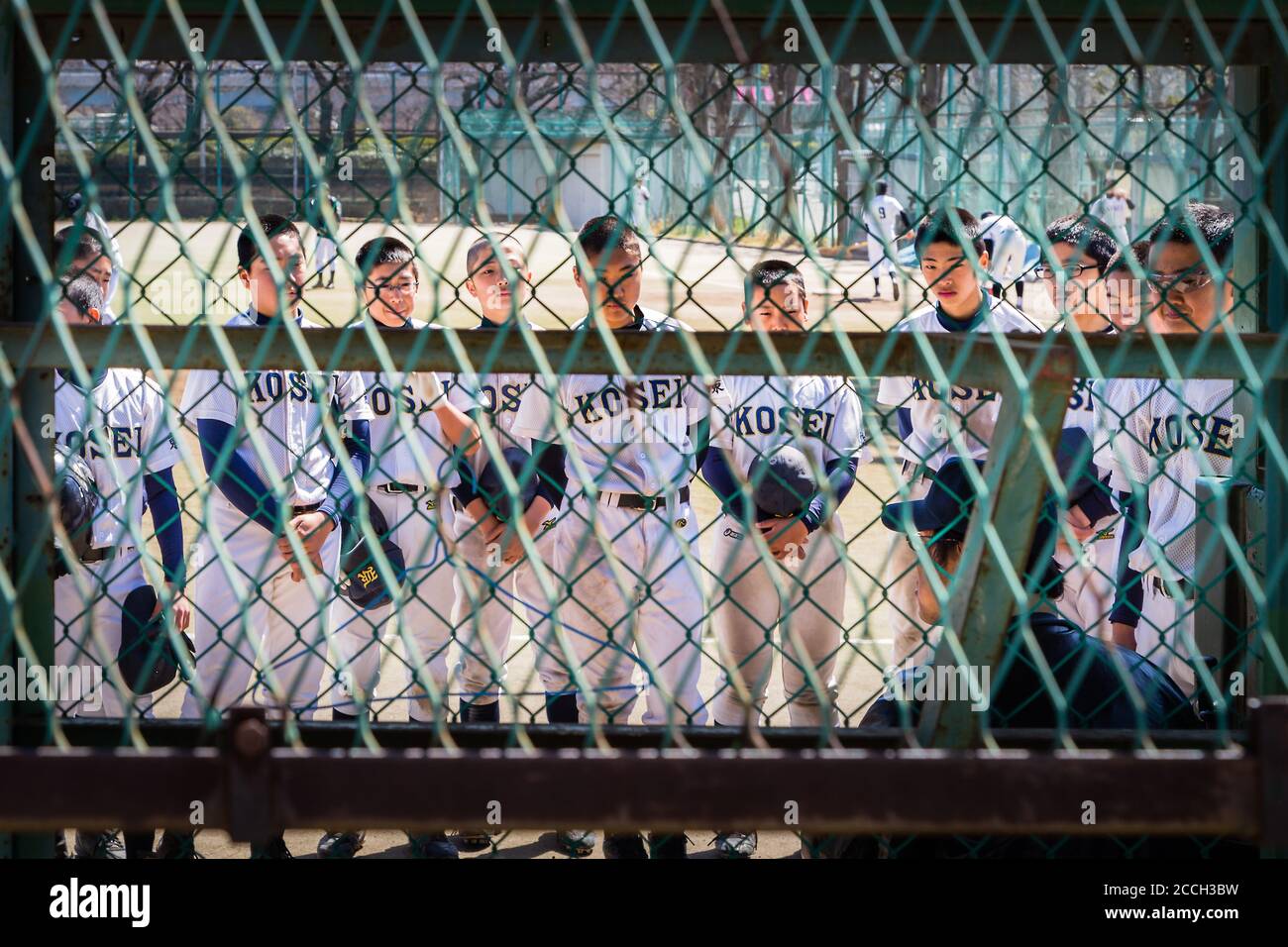 Ein junges Baseballteam erhält Anweisungen vom Trainer auf dem Baseballfeld von Taito Riverside entlang des Sumida River in Tokio Stockfoto