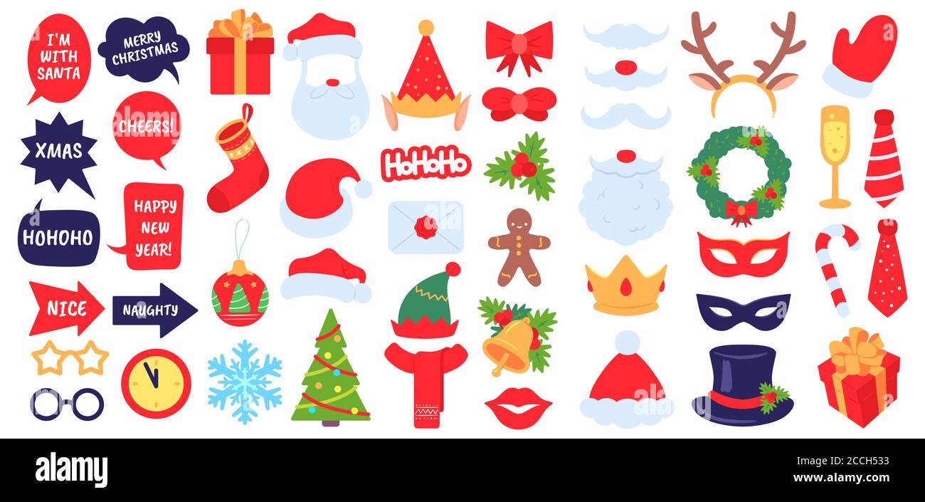 Weihnachtsfotorequisiten. Neujahr Party, Foto-Stand mit Maskerade Dekor santa Hut und Bart. Elf Hut, Geschenk, Weihnachtsstrumpf Vektor-Set Stock Vektor