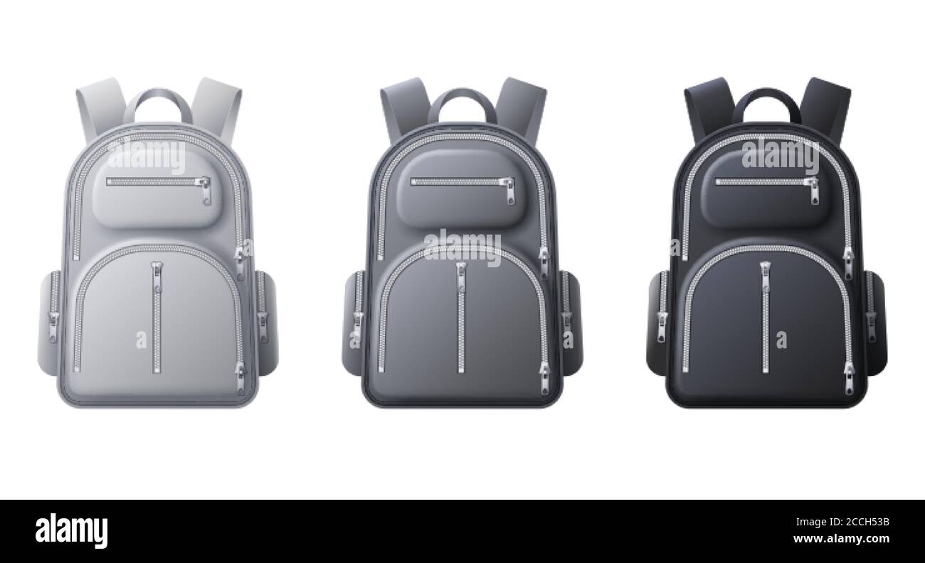 Sport Rucksack Mockup. Realistische schwarze, graue und weiße Rucksäcke, Taschen für Reisen, Sport oder Schule Tuch und Schuhe, 3D-Vektor-Vorlage Stock Vektor