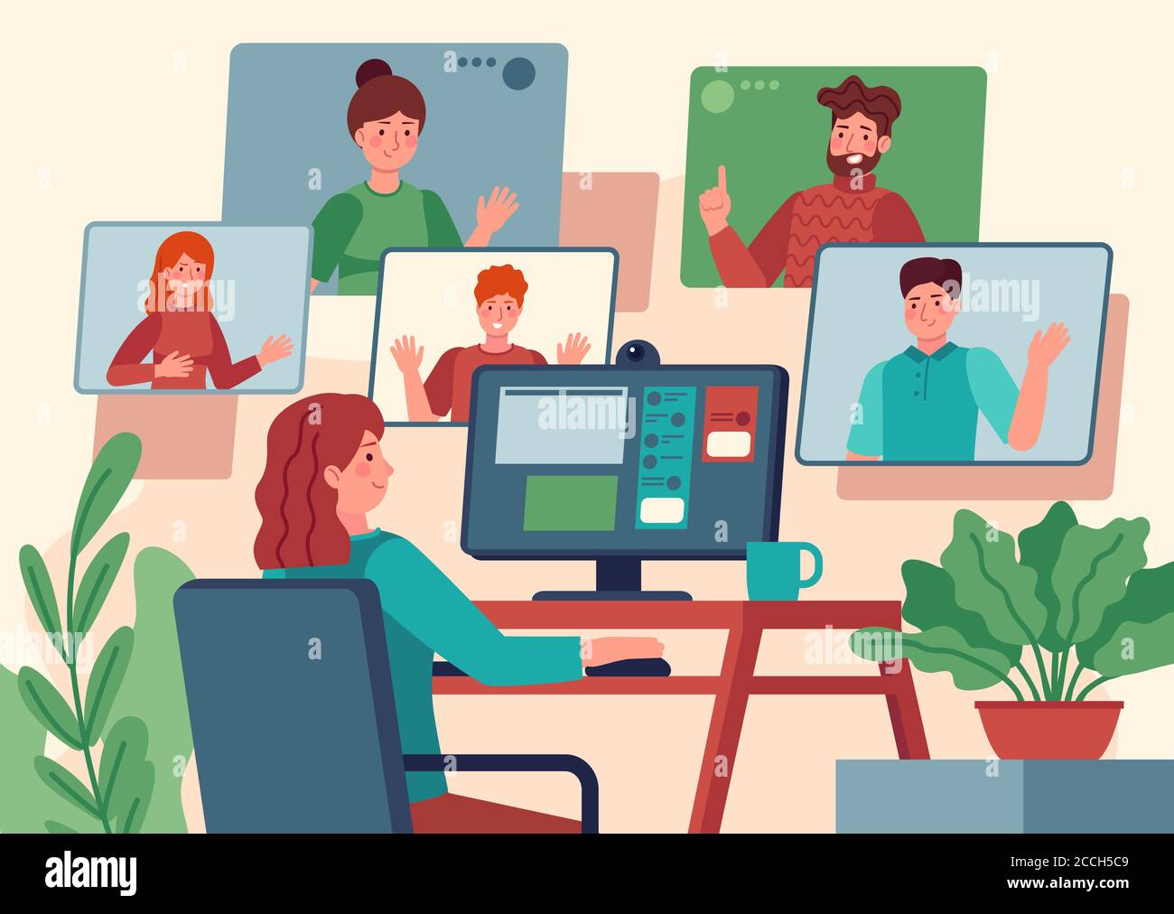 Videokonferenz. Frau zu Hause chatten mit Freunden auf dem Computer-Bildschirm, Online-Kommunikation mit Kollegen, Video-Chat-Vektor-Konzept Stock Vektor