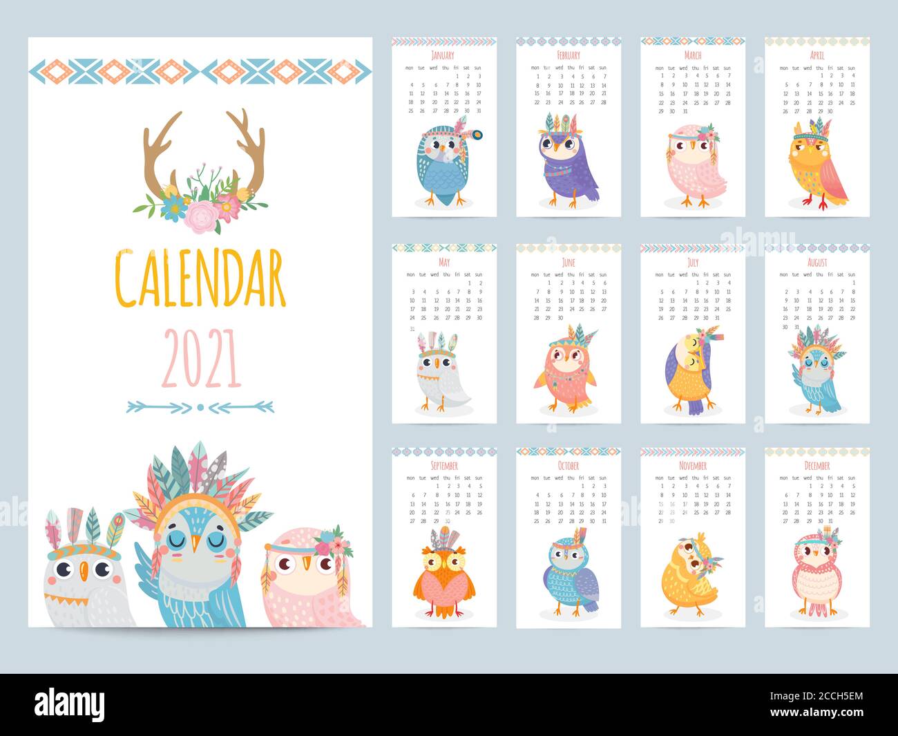 Eulenkalender. Farbgeschenk 2021 Kalender, Ethno-Ewlet mit Tribals Federn. Nette weihnachtseulen Vögel Figuren Cartoon Vektor Illustration Stock Vektor