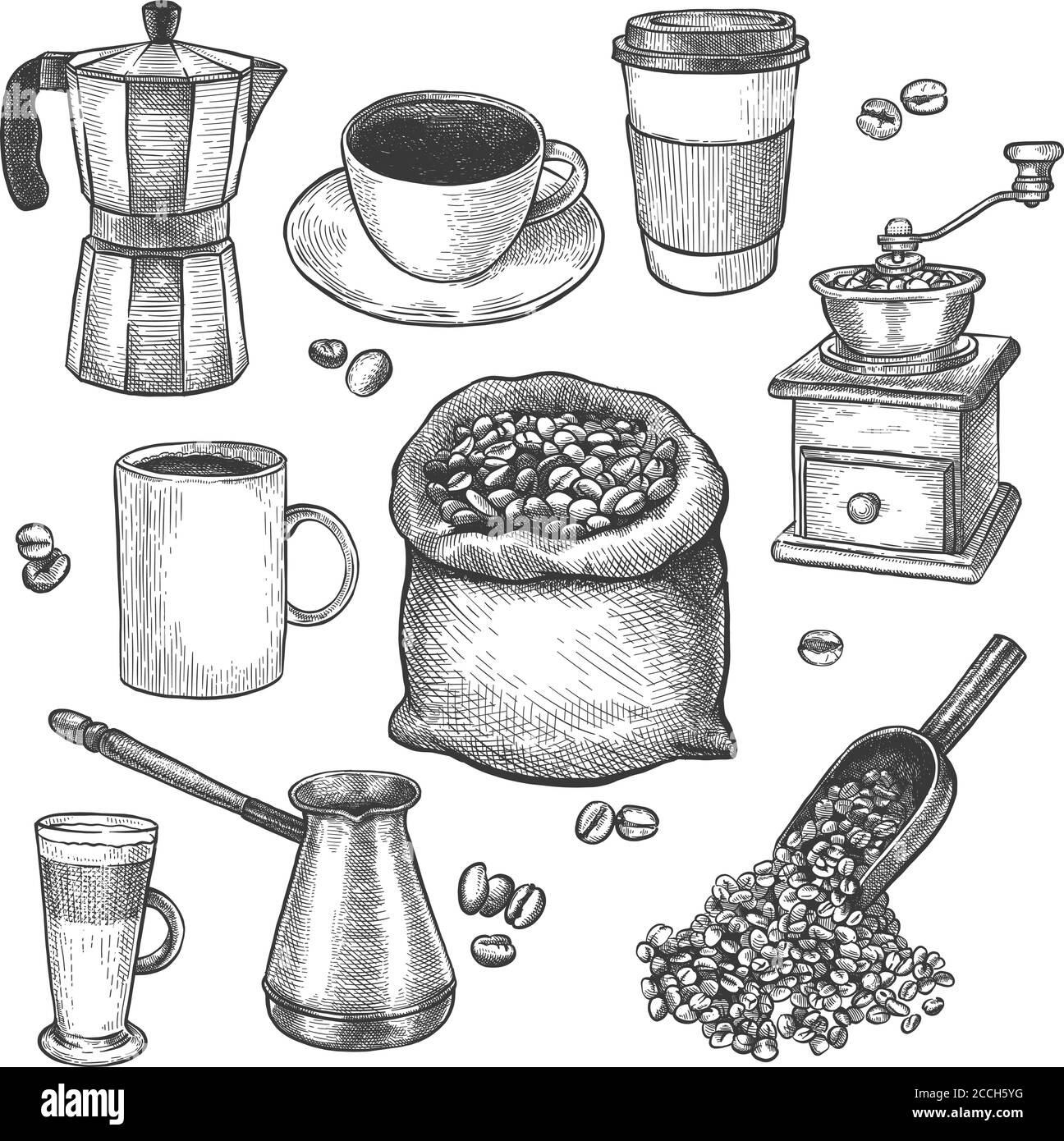 Skizzieren Sie Kaffee. Kaffeemühle, Wasserkocher, Sack mit gerösteten Bohnen, Cezve. Latte und Espresso Tasse Hand gezeichnet graviert vintage Vektor-Set Stock Vektor