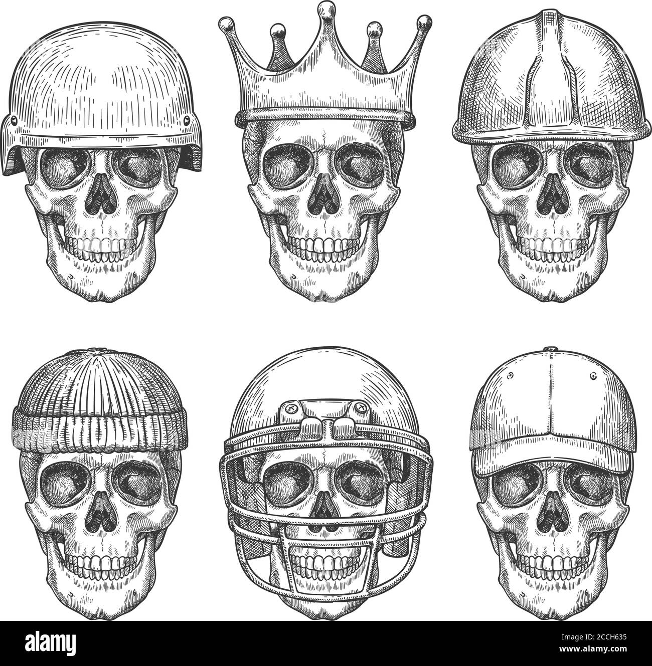 Schädel in Hüten. Dead Head Charaktere mit Krone, Baseball-Cap und Helme monochrome Zeichnung Art Print für Shirt-Design oder Tattoo-Vektor-Set Stock Vektor