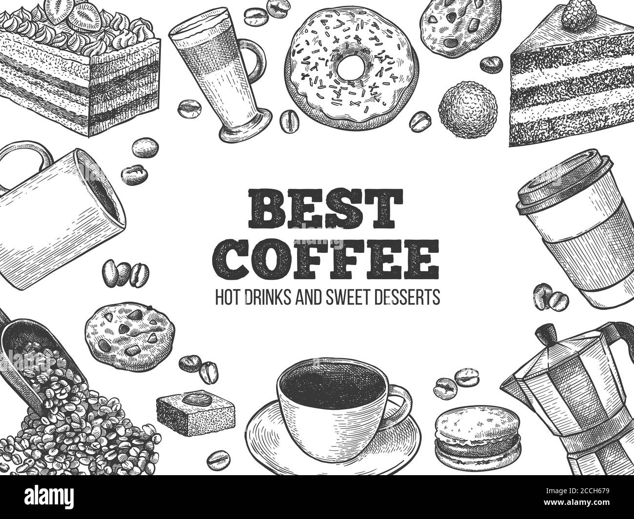 Kaffee und Desserts. Handgezeichnete heiße Getränke und Gebäck für Café oder Bäckerei, Fast Food süßes Frühstück graviert vintage Vektor Hintergrund Stock Vektor
