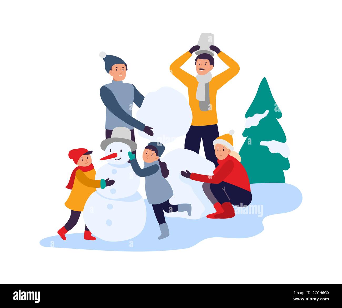 Winteraktivitäten. Glückliche Familie machen Schneemann. Eltern mit Kindern verbringen Zeit in verschneiten Park, Erholung Stock Vektor