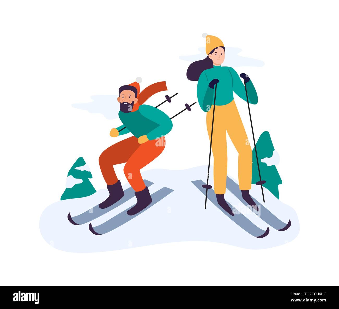 Winteraktivitäten. Menschen Skifahren. Paar verbringen Zeit zusammen aktiv im Freien, mit Freizeit mit Ausrüstung Stock Vektor